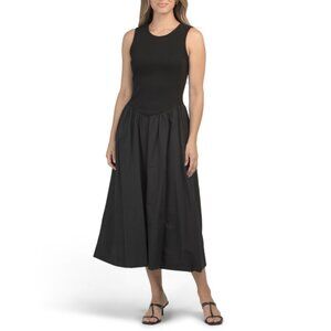 TULIP Black Drop Waist Mixed Media Midi Dress